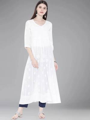 Hand Embroidered White Cotton Angarkha Lucknow Chikankari Women Kurta 1