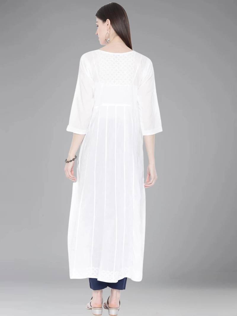 Hand Embroidered White Cotton Angarkha Lucknow Chikankari Women Kurta