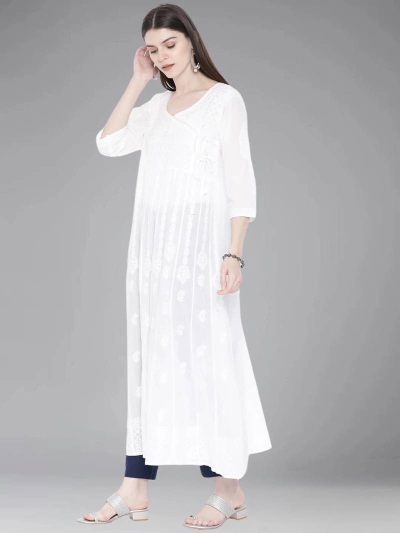Hand Embroidered White Cotton Angarkha Lucknow Chikankari Women Kurta