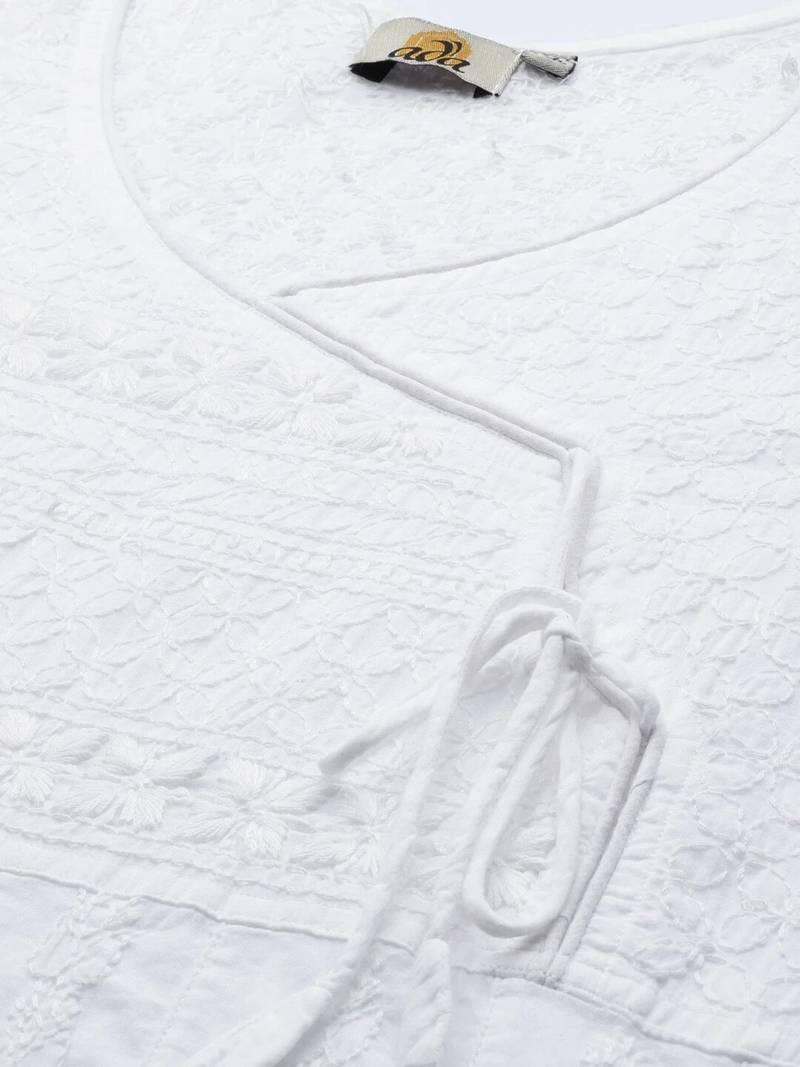 Hand Embroidered White Cotton Angarkha Lucknow Chikankari Women Kurta