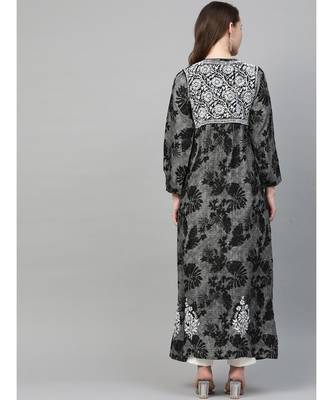 Ada Hand Embroidered Black Cotton Lucknowi Chikan A Line Women Kurta - A100459 2