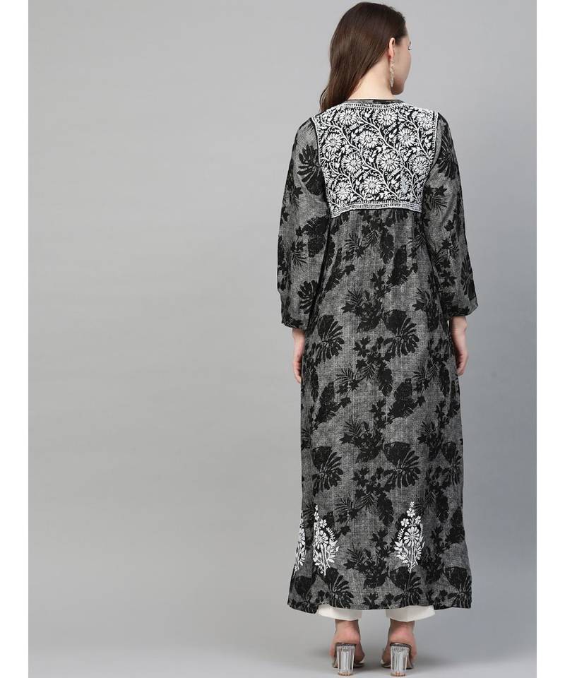 Ada Hand Embroidered Black Cotton Lucknowi Chikan A Line Women Kurta - A100459