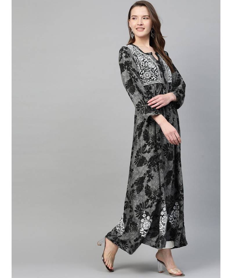 Ada Hand Embroidered Black Cotton Lucknowi Chikan A Line Women Kurta - A100459