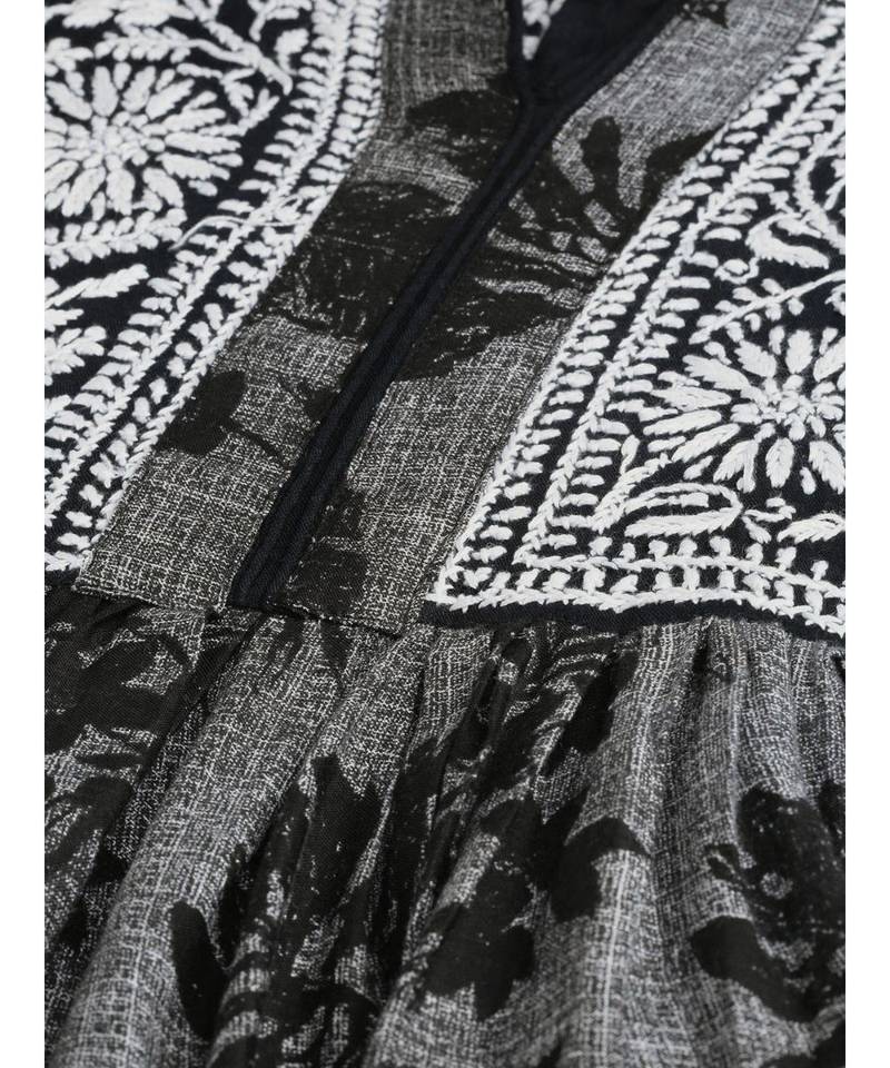 Ada Hand Embroidered Black Cotton Lucknowi Chikan A Line Women Kurta - A100459