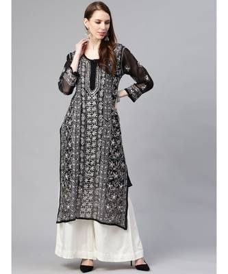Ada Hand Embroidered Black Georgette Lucknowi Chikan Women Kurta with Slip With Gota Patti Work - A411116 1