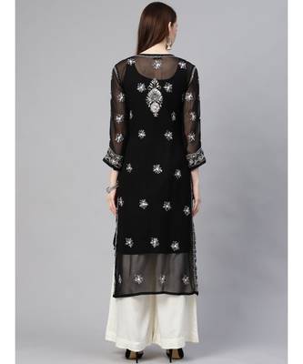 Ada Hand Embroidered Black Georgette Lucknowi Chikan Women Kurta with Slip With Gota Patti Work - A411116 2
