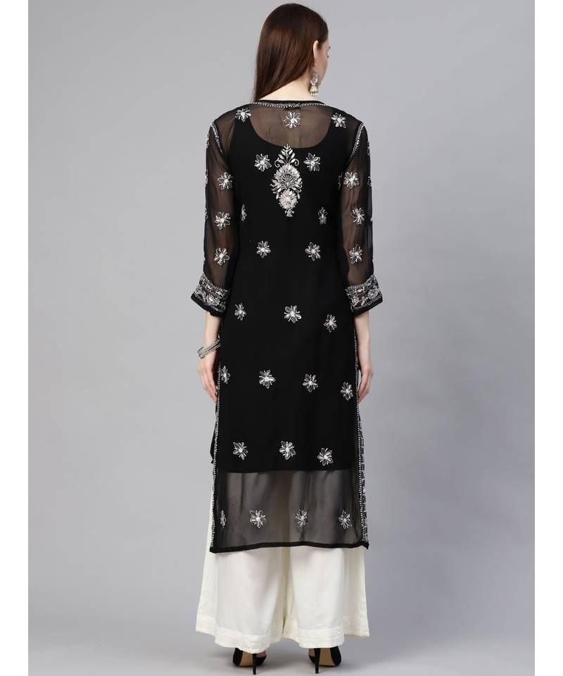 Ada Hand Embroidered Black Georgette Lucknowi Chikan Women Kurta with Slip With Gota Patti Work - A411116