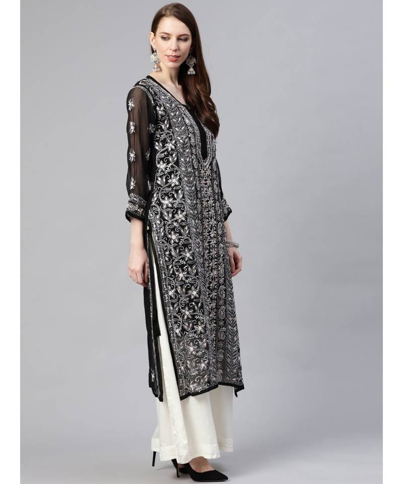 Ada Hand Embroidered Black Georgette Lucknowi Chikan Women Kurta with Slip With Gota Patti Work - A411116