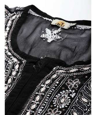 Ada Hand Embroidered Black Georgette Lucknowi Chikan Women Kurta with Slip With Gota Patti Work - A411116 4
