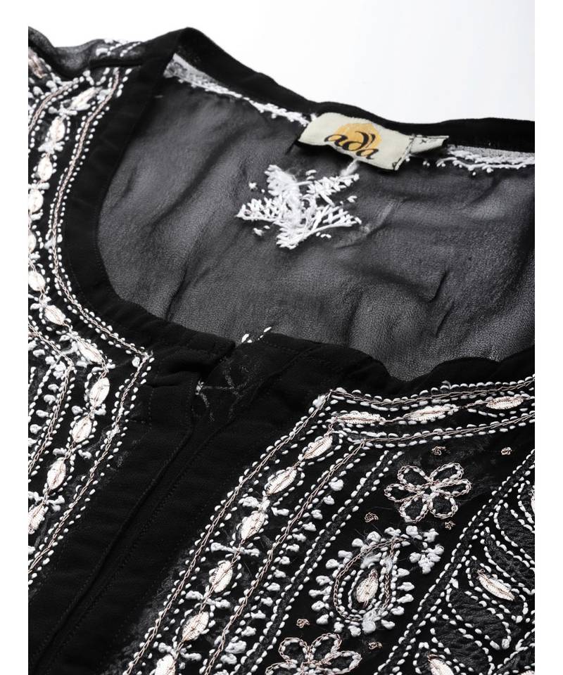 Ada Hand Embroidered Black Georgette Lucknowi Chikan Women Kurta with Slip With Gota Patti Work - A411116