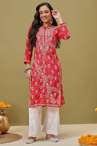 Hand Embroidered Pink Cotton Lucknowi Chikan Women Kurta