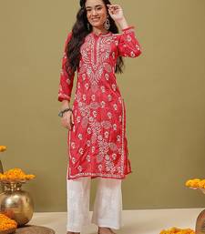 Hand Embroidered Pink Cotton Lucknowi Chikan Women Kurta