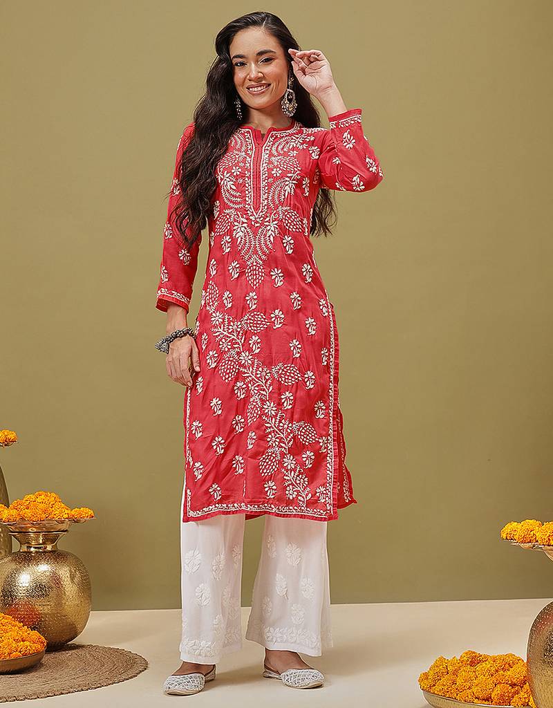 Hand Embroidered Pink Cotton Lucknowi Chikan Women Kurta