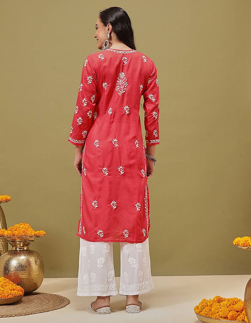 Hand Embroidered Pink Cotton Lucknowi Chikan Women Kurta