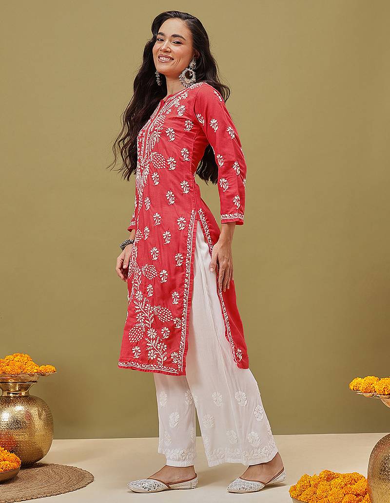 Hand Embroidered Pink Cotton Lucknowi Chikan Women Kurta