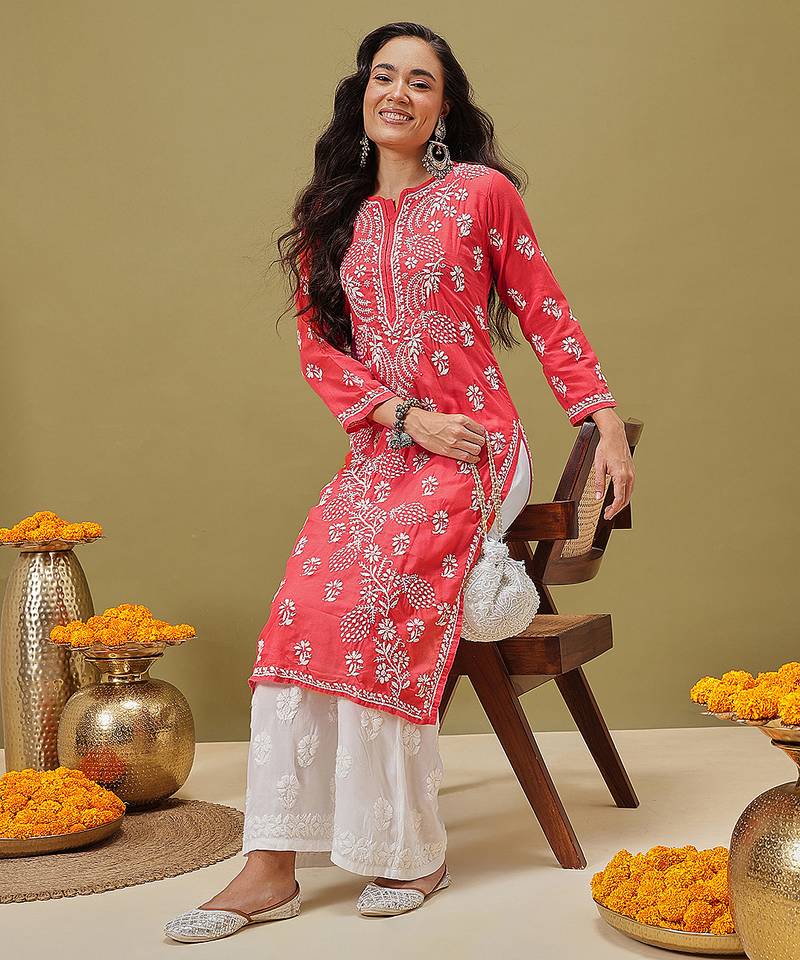 Hand Embroidered Pink Cotton Lucknowi Chikan Women Kurta