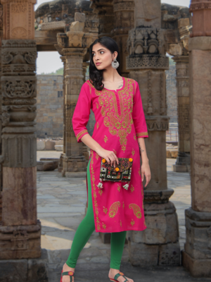 Ada Hand Embroidered Magenta Cotton Lucknow Chikan Women Kurta - A223842 1