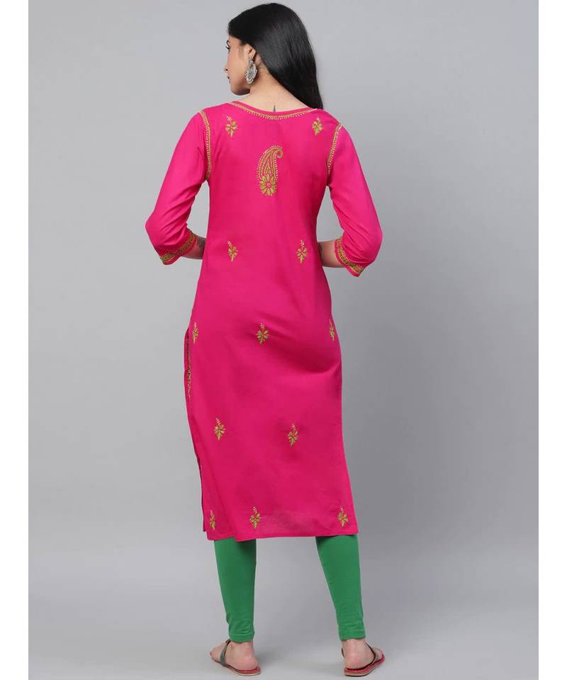 Ada Hand Embroidered Magenta Cotton Lucknow Chikan Women Kurta - A223842