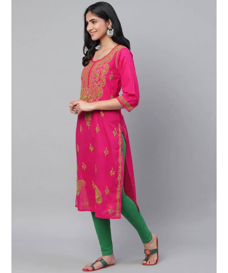Ada Hand Embroidered Magenta Cotton Lucknow Chikan Women Kurta - A223842
