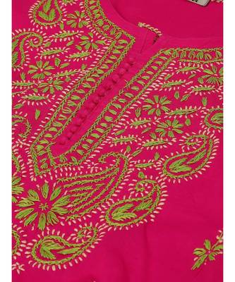 Ada Hand Embroidered Magenta Cotton Lucknow Chikan Women Kurta - A223842 4