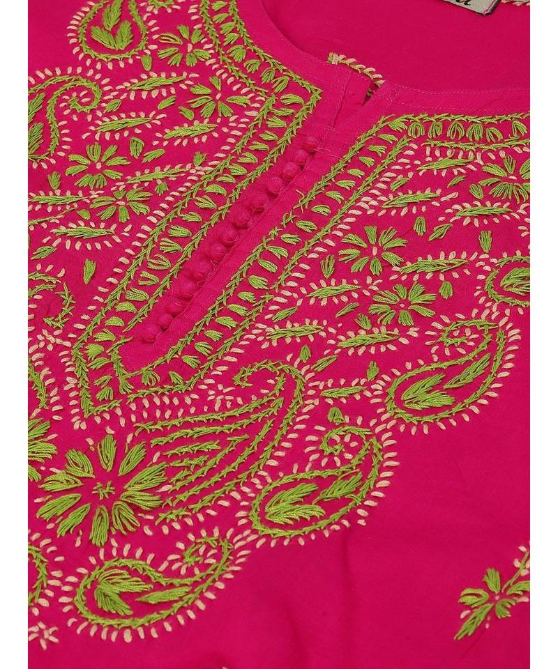 Ada Hand Embroidered Magenta Cotton Lucknow Chikan Women Kurta - A223842