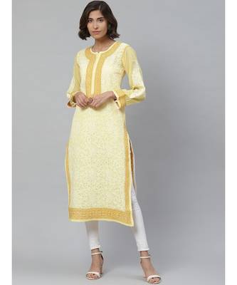 Ada Hand Embroidered Yellow Cotton Lucknow Chikankari Women Kurta - A411134 1