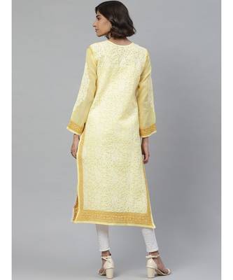 Ada Hand Embroidered Yellow Cotton Lucknow Chikankari Women Kurta - A411134 2