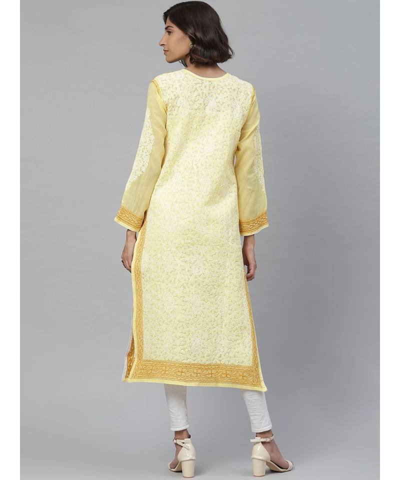 Ada Hand Embroidered Yellow Cotton Lucknow Chikankari Women Kurta - A411134