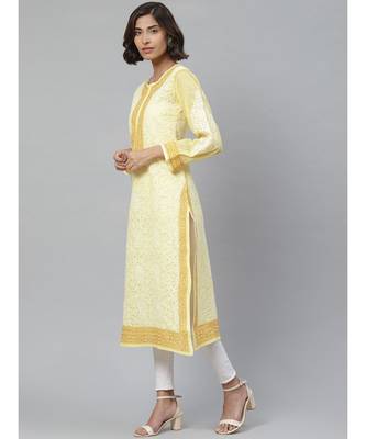 Ada Hand Embroidered Yellow Cotton Lucknow Chikankari Women Kurta - A411134 3