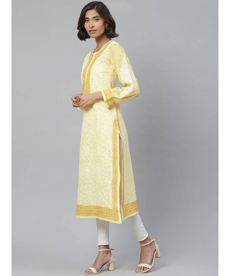 Ada Hand Embroidered Yellow Cotton Lucknow Chikankari Women Kurta - A411134