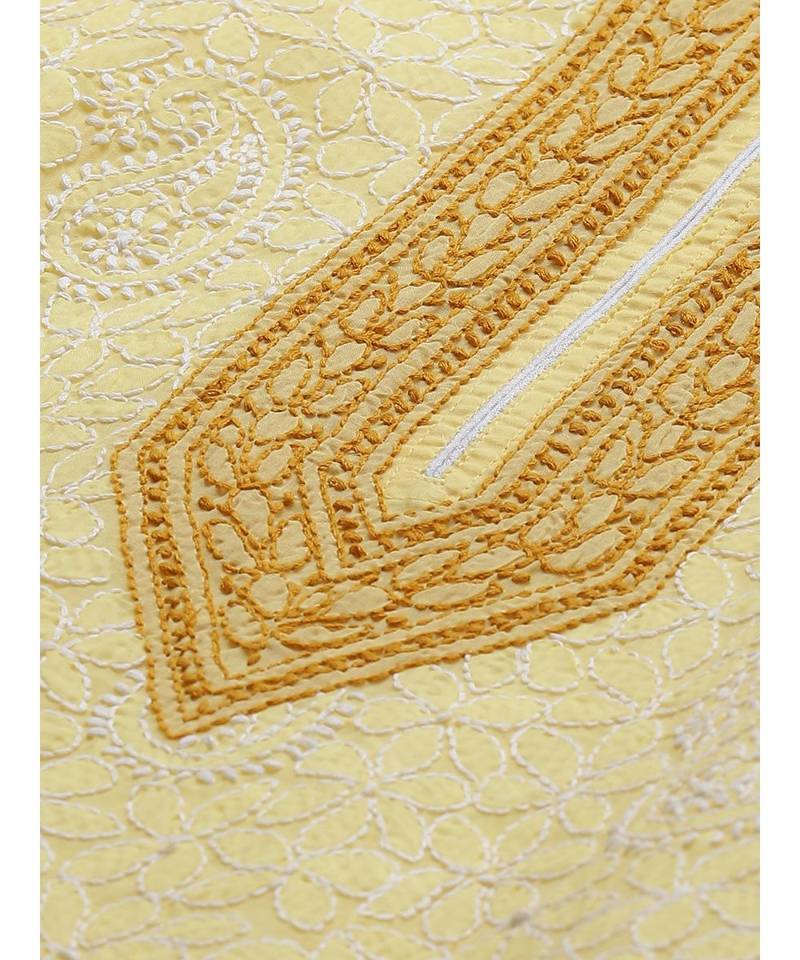 Ada Hand Embroidered Yellow Cotton Lucknow Chikankari Women Kurta - A411134