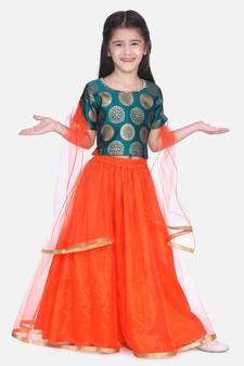 green Jacquard Top with Net Lehenga