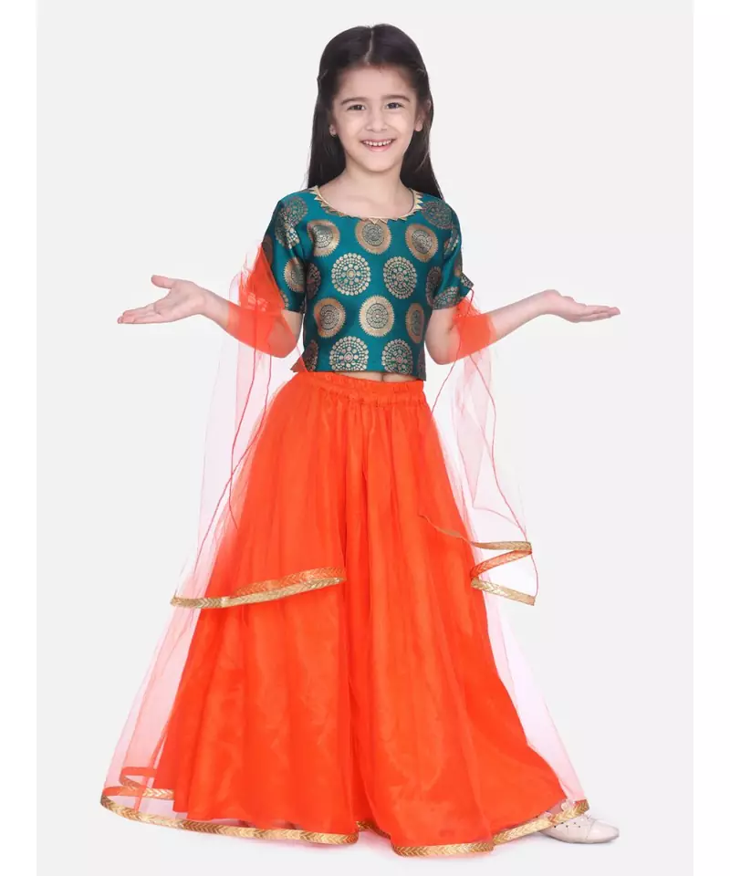 green Jacquard Top with Net Lehenga