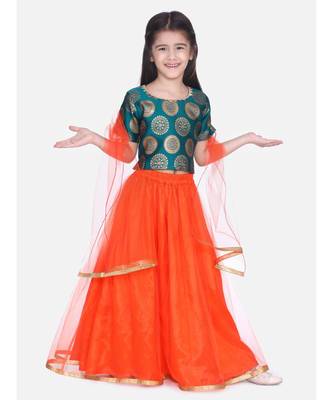 green Jacquard Top with Net Lehenga 1