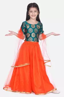 green Jacquard Top with Net Lehenga