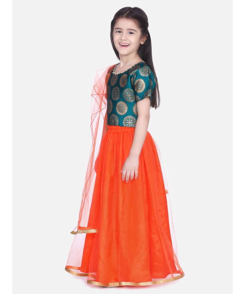 green Jacquard Top with Net Lehenga