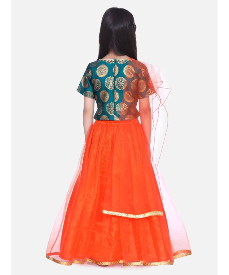 green Jacquard Top with Net Lehenga