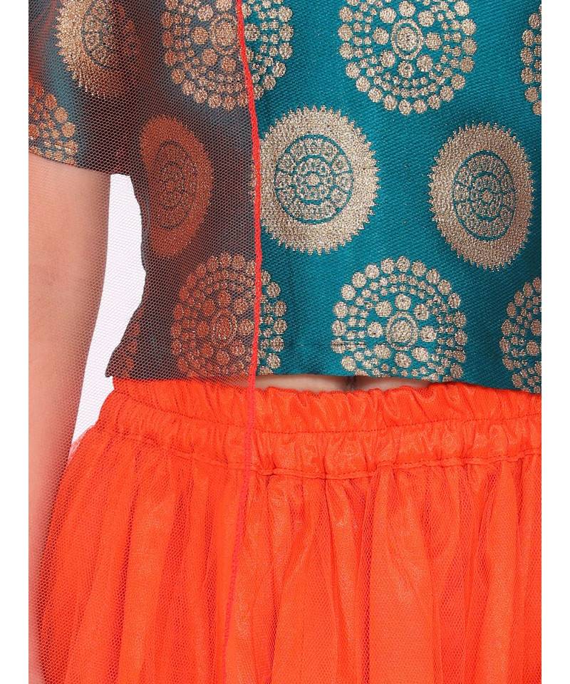 green Jacquard Top with Net Lehenga