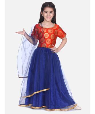 orange Jacquard Top with Net Lehenga 1