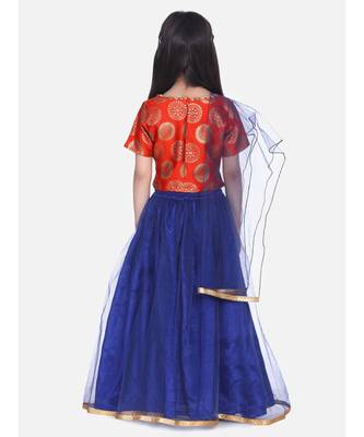 orange Jacquard Top with Net Lehenga 2