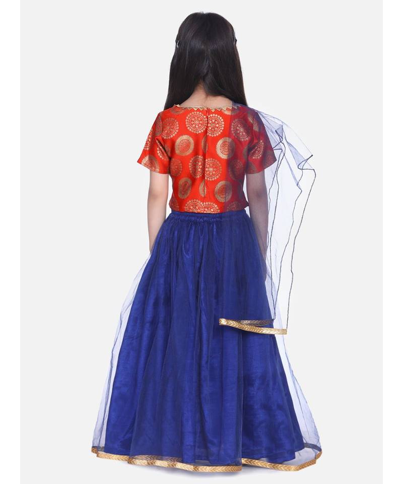 orange Jacquard Top with Net Lehenga