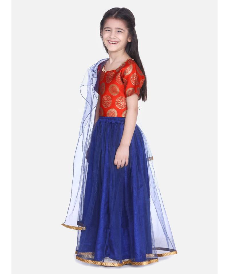 orange Jacquard Top with Net Lehenga