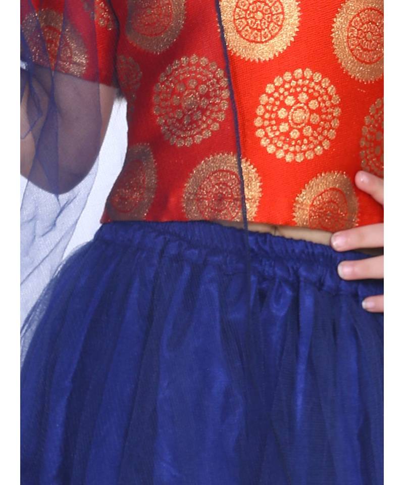 orange Jacquard Top with Net Lehenga