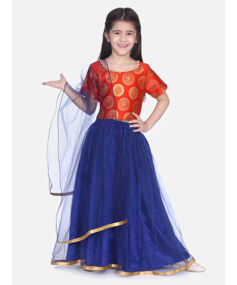 orange Jacquard Top with Net Lehenga