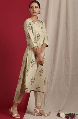 Janasya Beige floral print cotton salwar 1