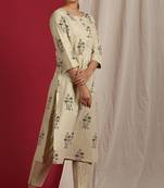 Janasya Beige floral print cotton salwar
