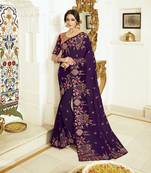 Dark violet embroidered silk blend saree with blouse