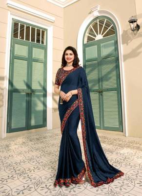 Dark navy blue embroidered silk saree with blouse 1