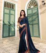 Dark navy blue embroidered silk saree with blouse