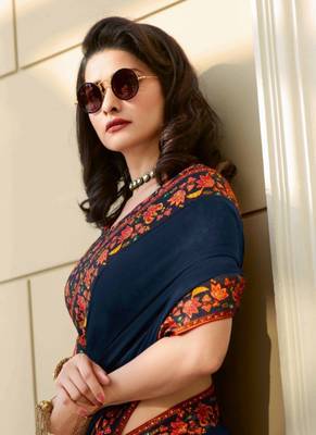Dark navy blue embroidered silk saree with blouse 4